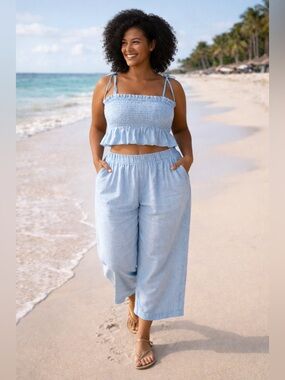 Cynthia Rowley Light Blue Cropped Wide-Leg Pants Lg